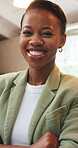 Portrait, smile and business black woman in office for about us, branding manager and professional. Confidence, creative director and happy with employee in media agency for opportunity and startup