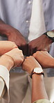 Solidarity, fist bump and hands of business people in office for meeting, team and trader synergy. Community, circle and broker mission with group of employees in agency for support and, success