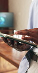 Tablet, hands and research with business man in office for planning, schedule agenda and report. Networking, email review and connection with person in agency for digital checklist and feedback