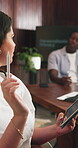 Woman, tablet and question in boardroom meeting for merger plan, integration review or acquisition. Directors board, investor and tech with feedback on market expansion, fairness opinion or valuation