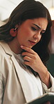 Tablet, thinking and confused with business woman in office for planning, schedule agenda or doubt. Networking, email review and connection with person in agency for digital checklist and vision