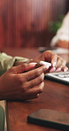 Thinking, stylus and hands of business person in office for designer vision, reflection and idea. Web development, planning and brainstorming with employee in agency for project, startup and review