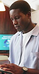 Tablet, typing and research with business black man in office for planning, schedule agenda or report. Networking, email review and connection with person in agency for digital checklist and feedback
