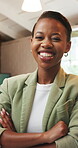 Portrait, arms crossed and business black woman in office for about us, branding manager and professional. Confidence, creative director and happy with employee in media agency for opportunity