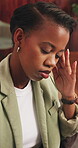 Stress, headache and tired with business black woman in office for brain fog, brand crisis and burnout. Fatigue, frustrated and campaign fail with employee in agency for worry, anxiety and mistake