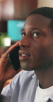 Talk, phone call and listen with business black man for communication, virtual advisor and planning. Feedback, contact and professional chat with person in agency for connection, discussion and app