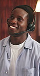 Call center, smile and advice with business black man in office for consultant, talking and help desk. Feedback, contact us and headset with employee in telecom agency for customer service and crm