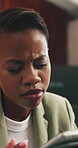 Thinking, reading and tablet with business black woman in office for designer vision, reflection and idea. Web development, planning and brainstorming with employee for project, startup and review