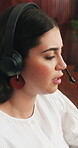 Call center, listening and advice with business woman in office for consultant, talking and help desk. Feedback, contact us and headset with employee in telecom agency for customer service and crm