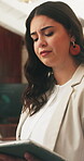Tablet, thinking and research with business woman in office for planning, schedule agenda or report. Networking, email review and connection with person in agency for digital checklist and vision