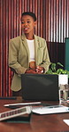 Business, woman or talking in office presentation for finance pitch, investment request or proposal. Speaker, black person and discussion in meeting for funding negotiation, budget review or feedback