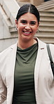 Business, face or woman in town with commute, ambition or morning travel in work routine. Happiness, portrait or female person in city with bag, employee journey or career pride at start of day.