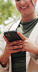 Hands, businesswoman and phone with typing outdoor for text message, funny online post or networking. Laughing, professional and mobile chat in city for status update, web browsing and communication