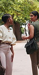Outdoor, walking or business women with wave for greeting, daily commute or discussion on work route. Morning chat, travel and people with hello for park meeting, journey and smile for interaction