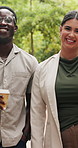 Happy people, face and travel with business team in park for work commute, about us or pride. Interracial friends, portrait and employees with smile for outdoor rendezvous, trip or break in nature