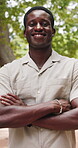Creative, face and man with arms crossed outdoor for career ambition, commute or job opportunity. Professional, black person and happy in city for morning travel, interview ready or growth confidence