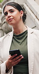 Woman, phone and thinking with waiting in city for travel delay, booking taxi or notification on sidewalk. Person, worry and typing with mobile app for commute, check street and late in urban town