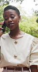 Outdoor, commute and businesswoman with smile for phone call, stylist or communication with contact. Fashion advisor, talking and black person with mobile for project update, walk and travel to work