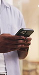 Typing, hands and man with phone in office for social networking, email response and online chat. Startup, business and person on cellphone for connection, communication and internet notification