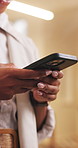 Typing, hands and woman with phone in office for social networking, email response and online chat. Startup, business and person on cellphone for connection, client communication and project update