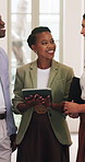 Business, people and happy with tablet in office for research, review agenda and event planner. Team, meeting and digital with client requirements, booking venue and guest list for online reservation