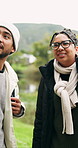 Couple, talk and hiking for travel outdoor with discussion, sightseeing and trekking adventure. People, pointing or backpacking holiday with view, communication and explore nature for weekend getaway