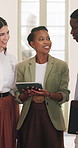 Smile, people and meeting with tablet in office for research, review agenda and event planner. Team, talking and digital with client requirements, booking venue and guest list for online reservation