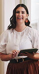 Face, laughing and tablet with business woman in agency workplace for online article or magazine. App, digital editing and funny with happy employee in office for proofreading or story research