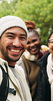 Selfie, winter or friends in nature with happiness, bonding or healthy relationship in online memory. Digital, connection or people with smile, group gathering or social media update in cold season.