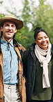 Friends, face and happy for hiking trip outdoor in nature with bonding, adventure and winter clothing. Portrait, people and together in forest for trekking, travel and laughing for funny joke