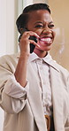 Phone call, business and black woman in office with smile, event planning or vendor feedback. Mobile, contact or talking to planner in workplace for venue confirmation, booking or laugh at funny joke