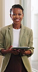 Face, smile and tablet with business black woman in agency workplace for online article or magazine. App, digital review and happy with employee in office for editing, proofreading or story research