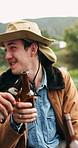Camping, beer and man with friends for cheers, relax together and talk in countryside on holiday. Campsite, alcohol and toast with people for celebration on vacation, bonding and smile in nature