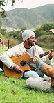 Camping, smile and people with guitar, talent and bonding together for reunion, break and singing. Relax, musician or friends in woods, excited and string instrument for song and listening to audio