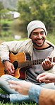 Camping, smile and man with guitar, relax and bonding together for reunion, friends and singing. Talent, musician or friends in woods, getaway and string instrument for song and listening to audio