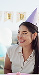 Birthday party, hat and woman with smile, celebration and excited with surprise, wow and break. Happiness, event and person with energy,  and congrats with decorations and festival in Brazil