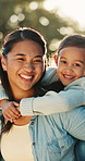 Face, mother or daughter outdoor with piggyback, childcare or healthy relationship on summer break. Bokeh, woman or child with happiness, parent bond or family connection for emotional development.