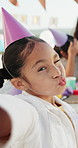Face, child and selfie at party outdoor for photography, social media post and birthday event. Portrait, kid and silly expression for profile picture update, celebration blog and memory of milestone