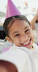 Face, child and selfie with smile at party for photography, social media post and birthday event. Portrait, happy kid and cheering for profile picture update, celebration blog and memory of milestone