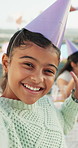 Face, child and happy with selfie at party for photography, social media post and birthday event. Portrait, kid and peace sign for profile picture update, celebration blog and memory of milestone
