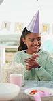 Applause, birthday and child with cake and family for celebration, gathering and special day outdoor. Happy, excited and girl with decorations, balloons and candles for cheering, milestone and party