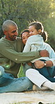 Nature, hug and parents with child in park for bonding, love and connection on weekend together. happy, relax and girl kid embracing mother and father for comfort, support and safety outdoor.