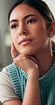 Serious, thinking and girl planning in home for student debt solution, contemplating results or pensive. Decision, woman and self reflection in house for college grade, future introspection or ponder