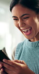 Excited, phone and woman in home with winning, good news or notification of bonus on mobile app. Happy, technology and female person with cellphone for surprise alert of giveaway on social media.