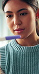 Woman, pregnancy test and shock with results in home for fertility, omg and thinking with sample in home. Person, stick and surprise with perspective, decision and anxious with maternity in house