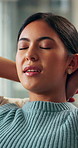 Relax, calm and woman on sofa in home for self care, peace or breathing in living room on weekend. Smile, mindfulness and female person on couch for wellness, health and comfortable break in house.