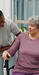 Senior, happy woman or physiotherapist with wheelchair for support, mobility or assisted living. Elderly, patient or female person with a disability or smile for physiotherapy, recovery or clinic aid