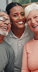 Physiotherapist, face and senior couple in clinic for support, laughing and medical rehabilitation. Physical therapy, healthcare or portrait of happy people with help, recovery or funny in retirement