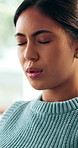 Stomach pain, breathing and woman on sofa in home with menstruation, constipation or endometriosis. Belly ache, sick and female person with abdominal cramps for ibs, indigestion or diarrhea in house.