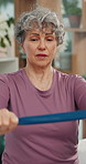 Physiotherapy, stretch or old person in clinic with resistance band, mobility or practice in rehabilitation. Wellness, movement or patient with exercise, pain relief or muscle recovery in retirement.